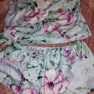 Floral Satin Pajama Set with Lace Trim